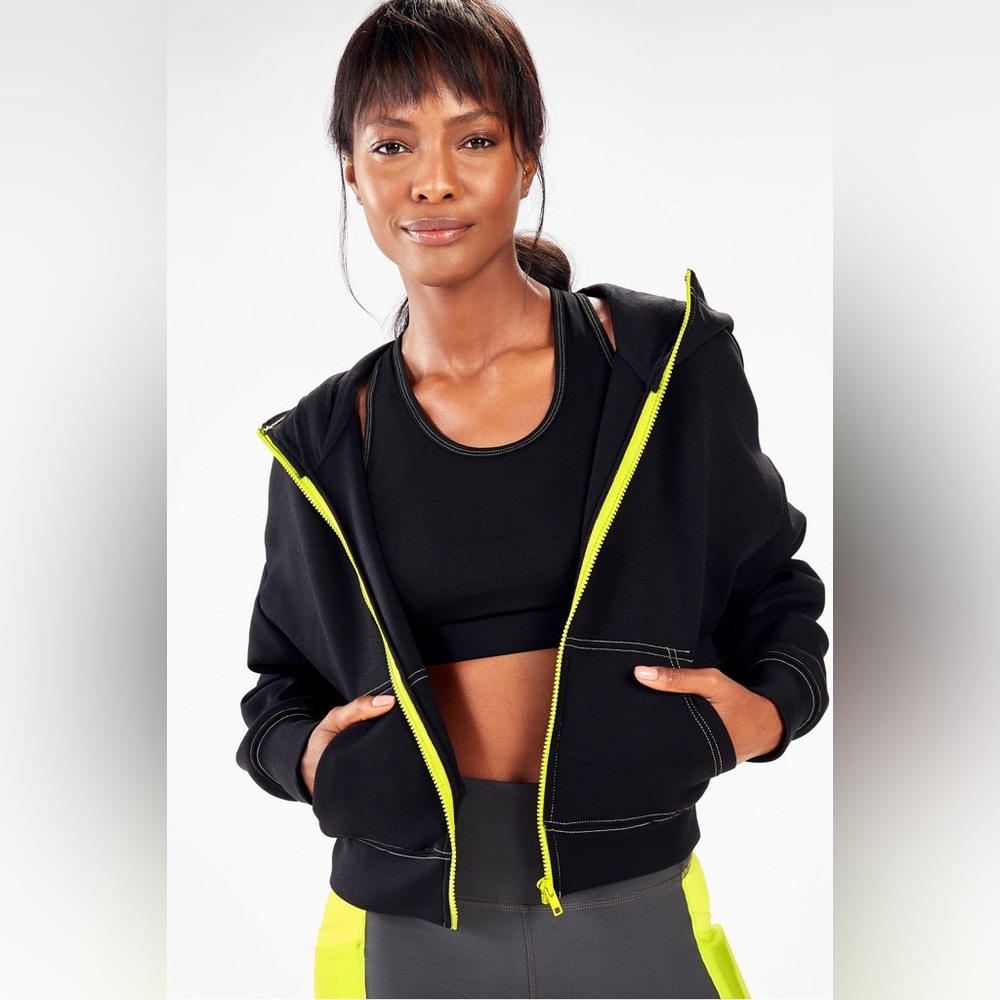Fabletics Black Jacket with Neon Yellow Accents